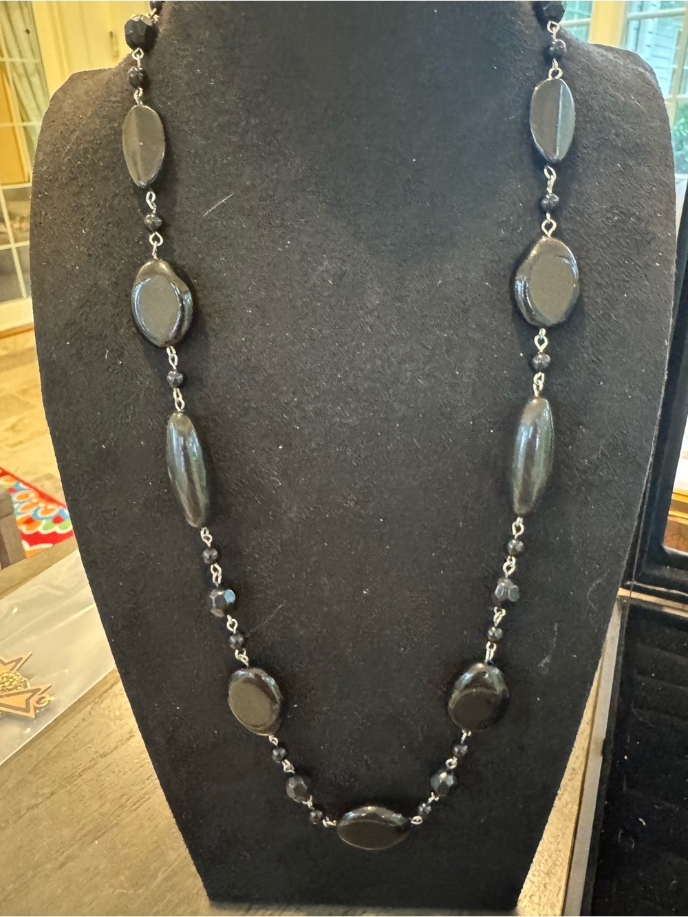 Long Black Beaded Necklace Oval Faceted Beads Silver Tone Links Statement Jewelr